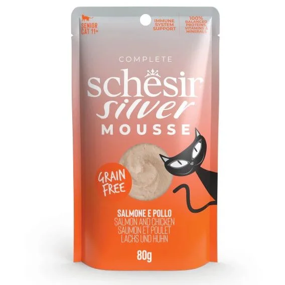 SCHESIR Silver Mousse za mačke Senior s lososom i piletinom, 80g