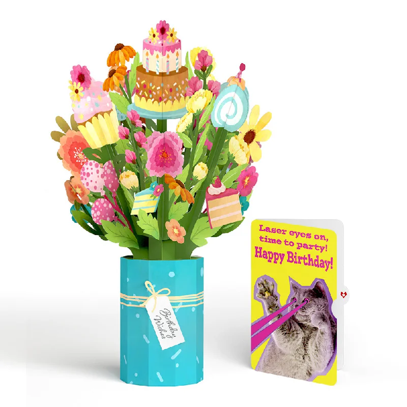 Sweet Birthday Wishes Bouquet and Cat Laser Eyes Sentiment Set