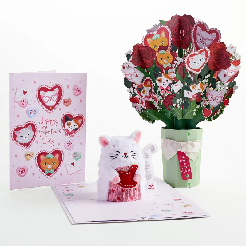 'Happy Valentine's Day' Love Cat Plushpop Card & Bouquet Bundle