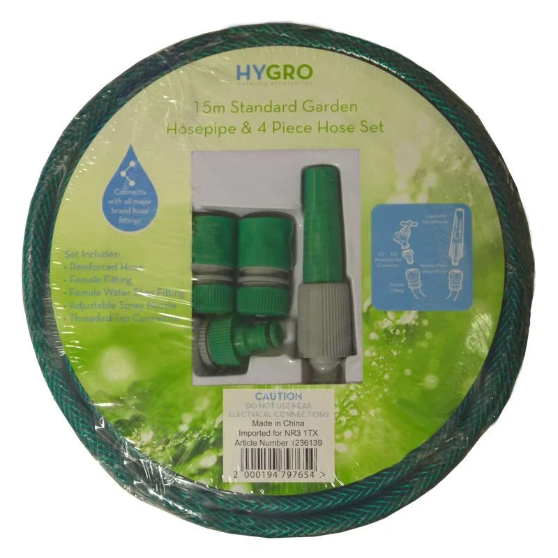 Hygro 15m Standard Garden Hosepipe &  4 Piece Hose Set